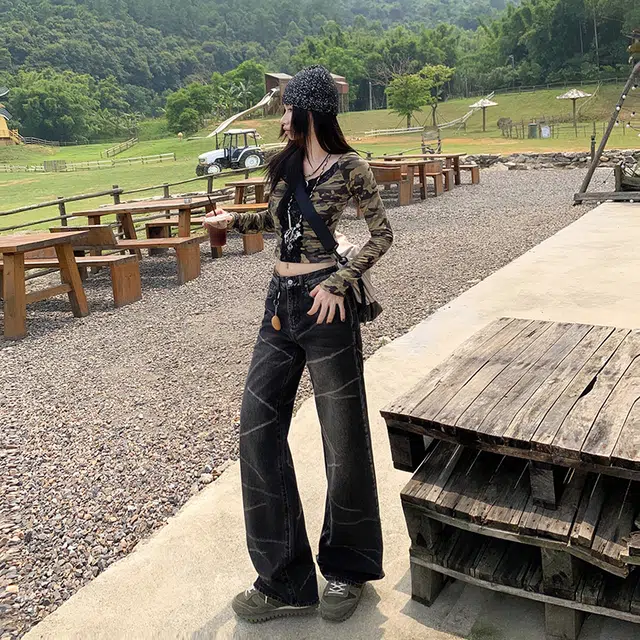 极限涡轮 美式高街闪电纹个性扎染拖地长裤帅气宽松阔腿牛仔裤 男女同款