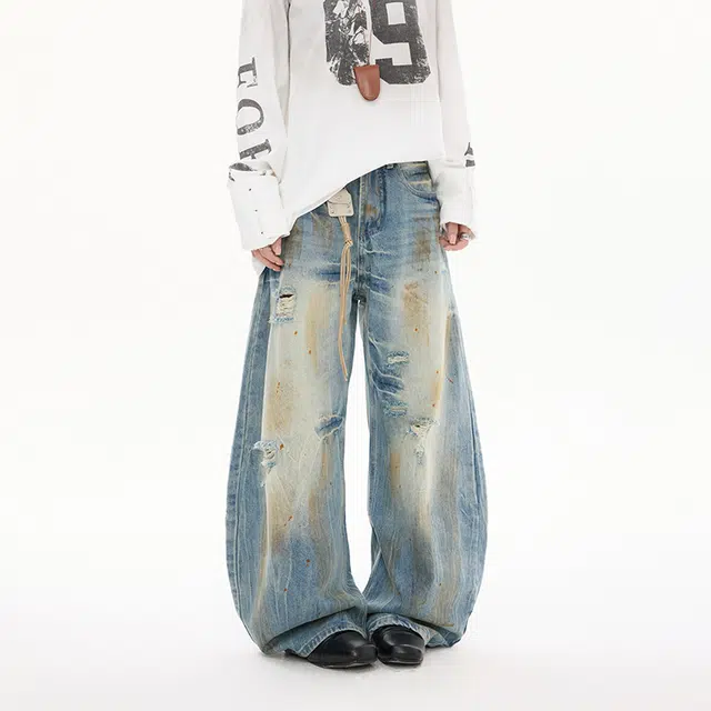 极限涡轮 美式高街脏染做旧破洞宽松弯刀阔腿痞帅裤子牛仔裤 男女同款