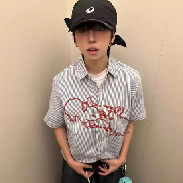 极限涡轮 美式复古兔子印花条纹小众设计感宽松休闲衬衣潮短袖衬衫 男女同款