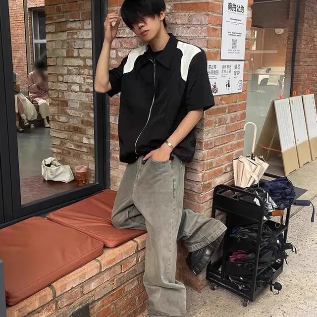 极限涡轮 复古黑白拼色垫肩高级感小众设计尼龙褶皱短袖衬衫 男女同款