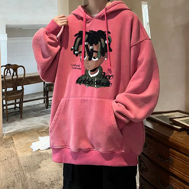 极限涡轮 潮牌脏辫孩印花连帽重磅宽松水洗做旧卫衣 男女同款