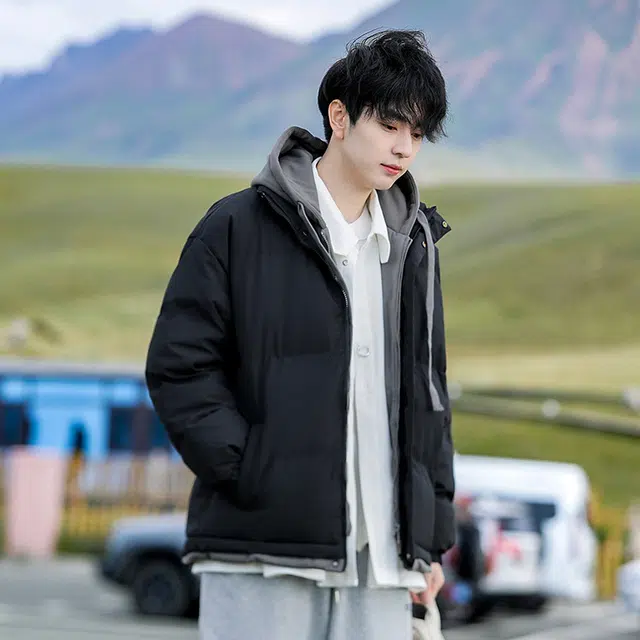 极限涡轮 百搭撞色假两件宽松连帽面包服小设计感保暖厚款柔软棉服 男女同款