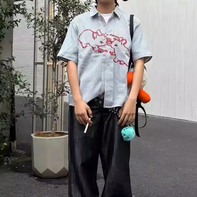 极限涡轮 美式复古兔子印花条纹小众设计感宽松休闲衬衣潮短袖衬衫 男女同款