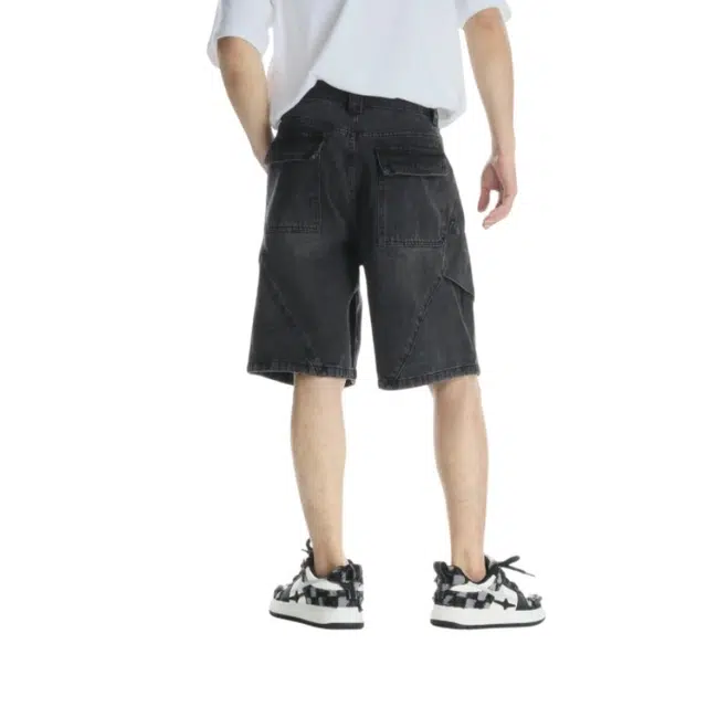 极限涡轮 拼接宽松美式复古痞帅高级感裤子潮牌牛仔短裤 男女同款