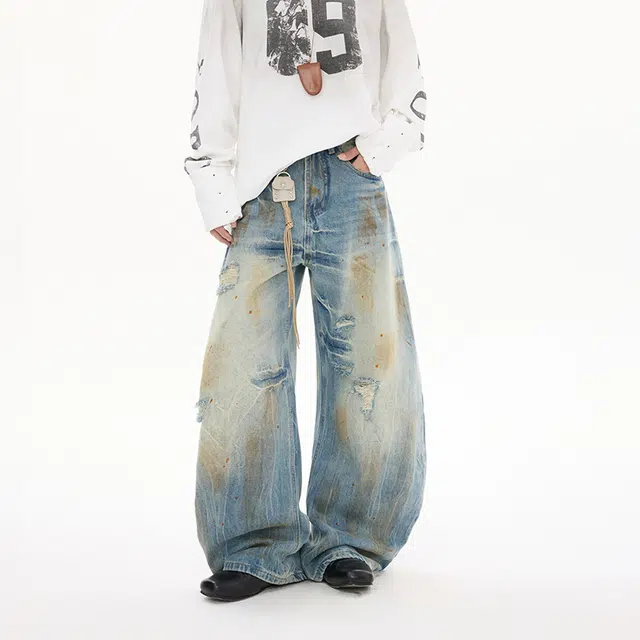 极限涡轮 美式高街脏染做旧破洞宽松弯刀阔腿痞帅裤子牛仔裤 男女同款