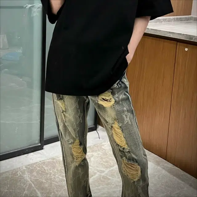 极限涡轮 美式高街星星水洗破洞乞丐裤复古街头潮痞帅休闲百搭小脚长裤牛仔裤 男女同款