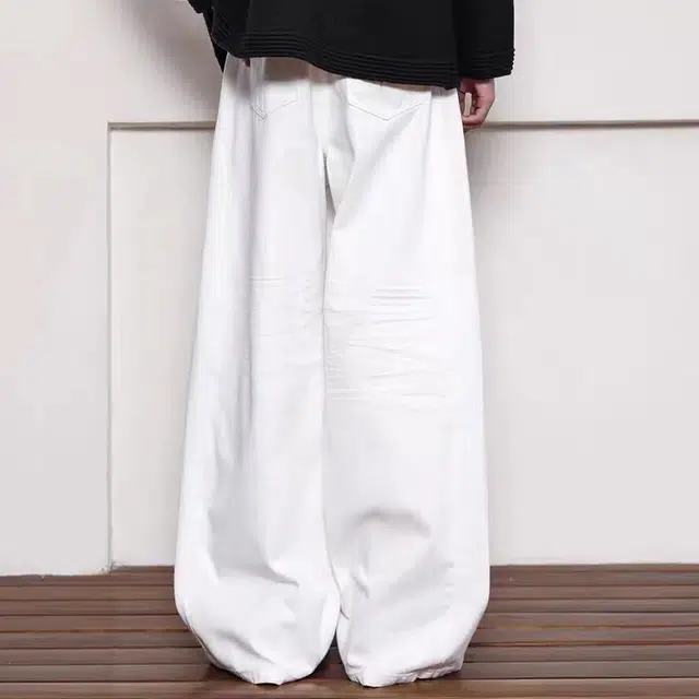 极限涡轮 压褶白色立体抓痕猫须水洗美式复古街头宽松牛仔裤 男女同款