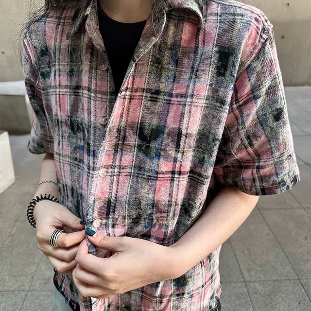 极限涡轮 做旧毛边晕染格子条纹休闲宽松短袖衬衫 男女同款