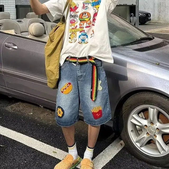 极限涡轮 美式复古水洗潮牌嘻哈街头宽松阔腿五分裤牛仔短裤 男女同款 蓝色