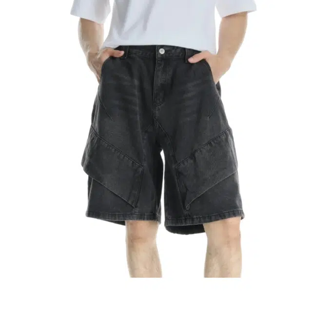 极限涡轮 拼接宽松美式复古痞帅高级感裤子潮牌牛仔短裤 男女同款