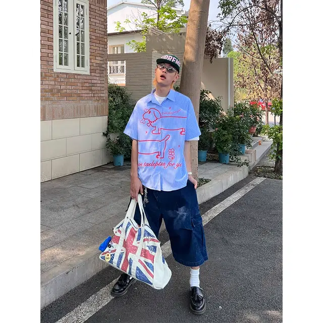 极限涡轮 趣味腊肠狗印花条纹街头个性设计感宽松情侣休闲短袖衬衫 男女同款