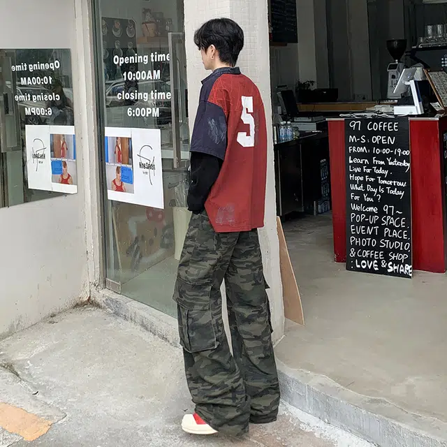 极限涡轮 美式高街复古设计感迷彩工装多口袋宽松微喇直筒阔腿牛仔裤 男女同款