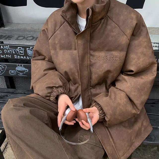 极限涡轮 复古做旧设计钢印宽松面包服棉服 男女同款 咖色