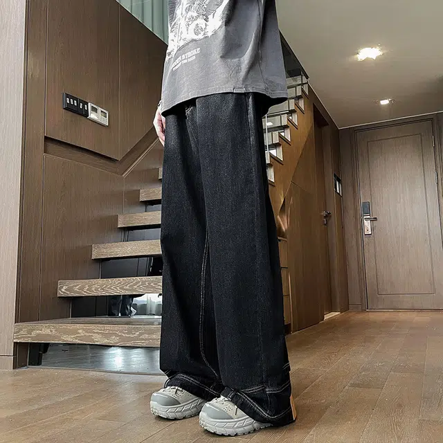 极限涡轮 口袋倒装设计感美式高街潮牌痞帅炸街直筒时尚百搭舒适休闲潮流牛仔裤 男女同款 黑色