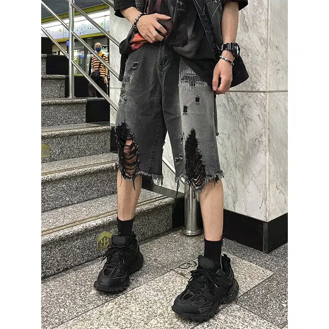 极限涡轮 美式复古小众高街西海岸宽松痞帅潮五分牛仔短裤 男女同款 黑色