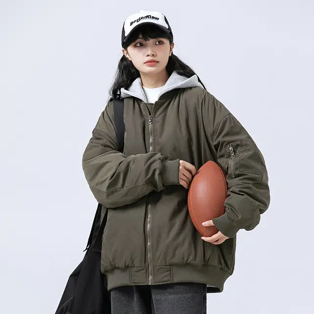 极限涡轮 假两件飞行员夹克加厚宽松可拆卸连帽棒球棉服 男女同款