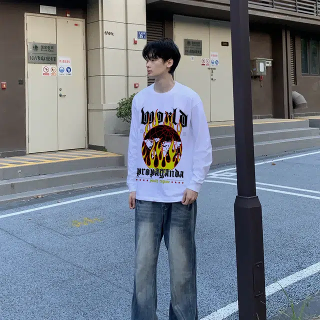 【地球火】极限涡轮 美式复古高街嘻哈火焰印花圆领宽松运动休闲百搭卫衣 男女同款