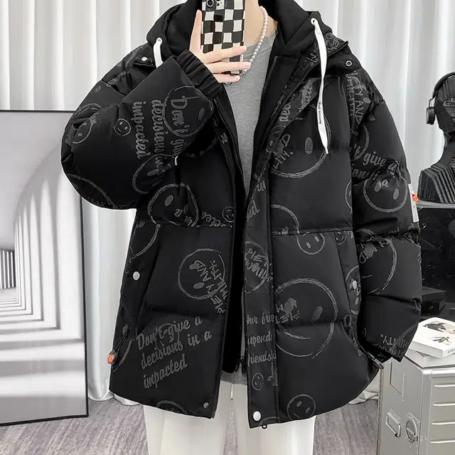 极限涡轮 美式港版基础简约连帽保暖加厚假两件棉衣潮流时尚休闲笑脸青少年百棉服 男女同款 黑色