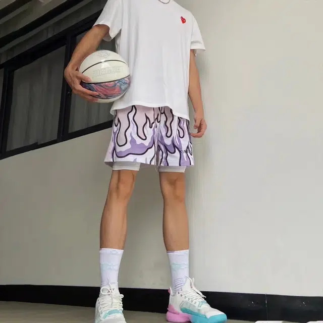 极限涡轮 美式火焰篮球潮不过膝宽松潮流裤运动透气速干训练裤休闲短裤 男女同款