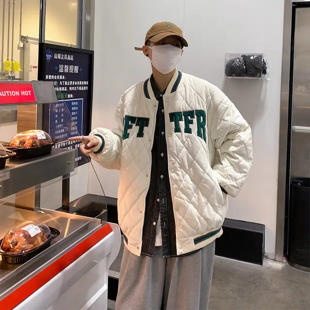 极限涡轮 美式棒球领潮牌加厚港风复古菱格宽松百搭棉服 男女同款