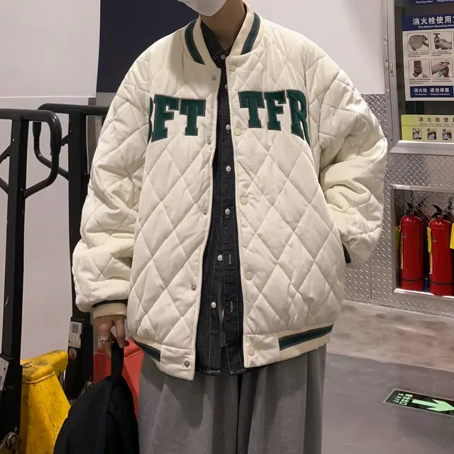 极限涡轮 美式棒球领潮牌加厚港风复古菱格宽松百搭棉服 男女同款