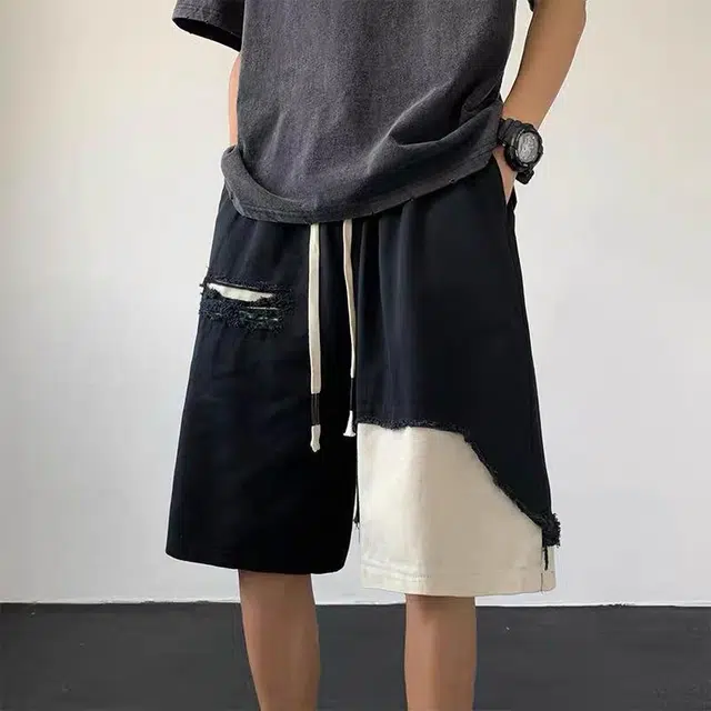 极限涡轮 美式高街破洞潮痞帅拼接宽松设计感小众五分裤休闲短裤 男女同款