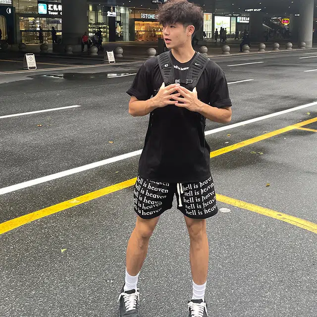 极限涡轮 美式字母满印抽绳网眼篮球运动健身裤休闲短裤 男女同款