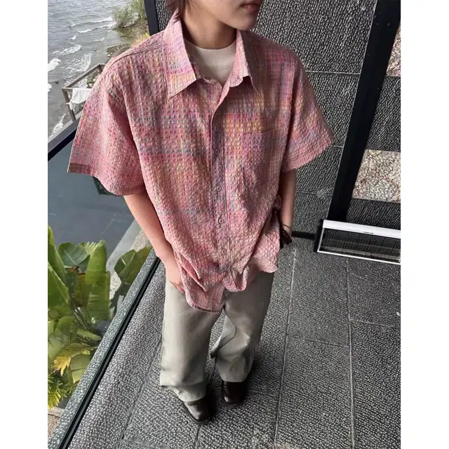 极限涡轮 美式复古格子多巴胺宽松廊形小众短袖衬衫 男女同款