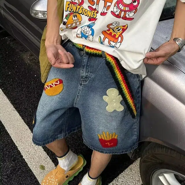 极限涡轮 美式复古水洗潮牌嘻哈街头宽松阔腿五分裤牛仔短裤 男女同款 蓝色