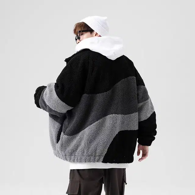 极限涡轮 时尚羊羔绒撞色加绒户外摇粒绒抓绒棉服 男女同款 黑色