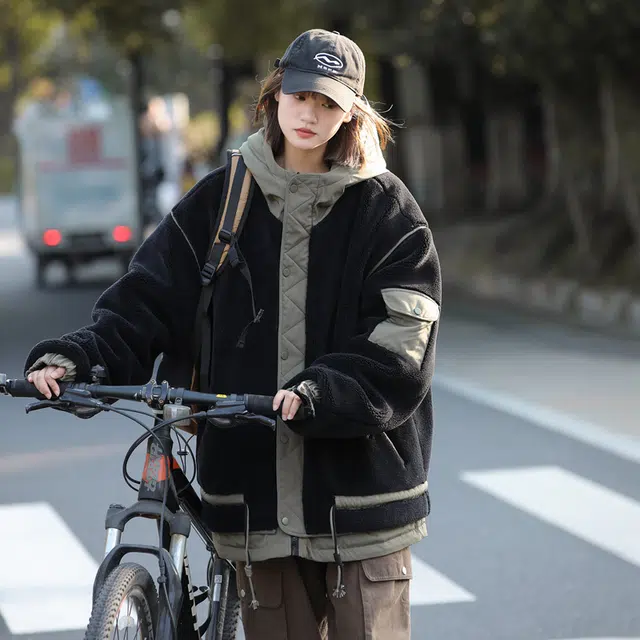 极限涡轮 羊羔毛撞色工装防风加绒加厚高品质棉服 男女同款