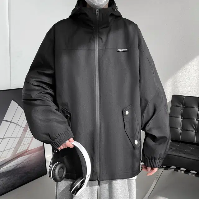 极限涡轮 美式纯色简约基础款防风防水连帽大码宽松舒适夹克外套 男女同款