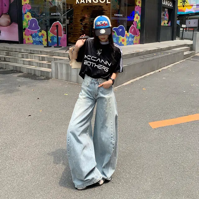 极限涡轮 美式复古垂感高腰宽松百搭直筒牛仔裤 男女同款