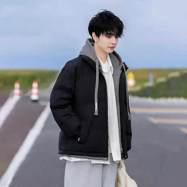 极限涡轮 百搭撞色假两件宽松连帽面包服小设计感保暖厚款柔软棉服 男女同款