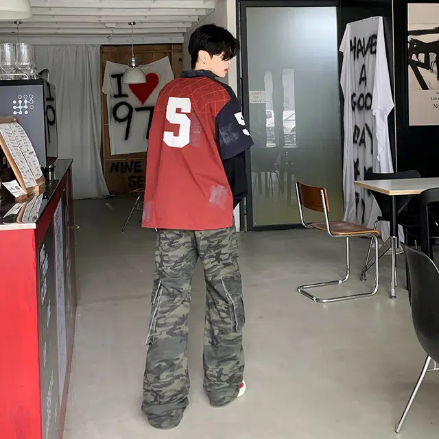 极限涡轮 美式高街复古设计感迷彩工装多口袋宽松微喇直筒阔腿牛仔裤 男女同款