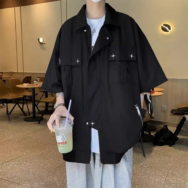 极限涡轮 美式复古高街宽松短袖衬衫 男女同款 黑色