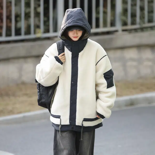 极限涡轮 羊羔毛撞色工装防风加绒加厚高品质棉服 男女同款