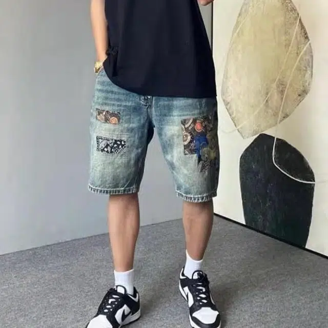 极限涡轮 贴布刺绣潮牌美式街头宽松休闲百搭设计感五分牛仔短裤 男女同款