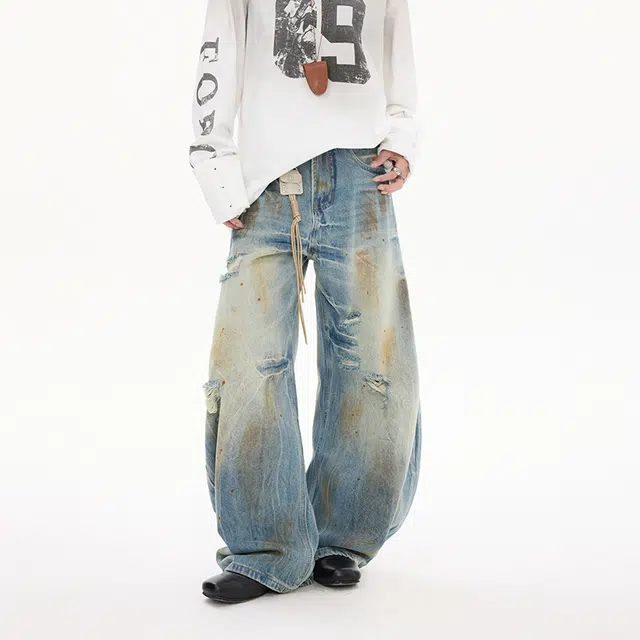 极限涡轮 美式高街脏染做旧破洞宽松弯刀阔腿痞帅裤子牛仔裤 男女同款