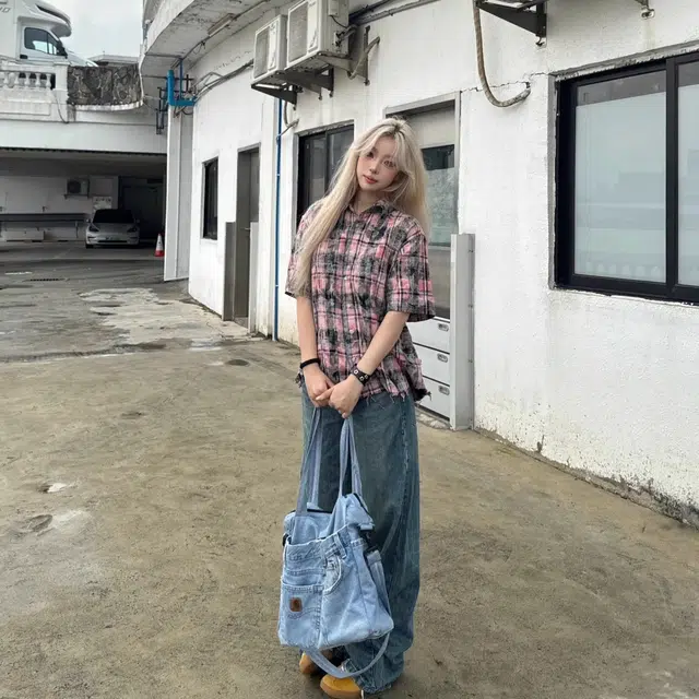 极限涡轮 做旧毛边晕染格子条纹休闲宽松短袖衬衫 男女同款
