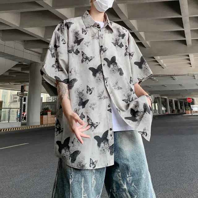 极限涡轮 国风小众设计感蝴蝶薄款宽松休闲满印短袖衬衫 男女同款