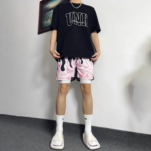 极限涡轮 美式火焰篮球潮不过膝宽松潮流裤运动透气速干训练裤休闲短裤 男女同款