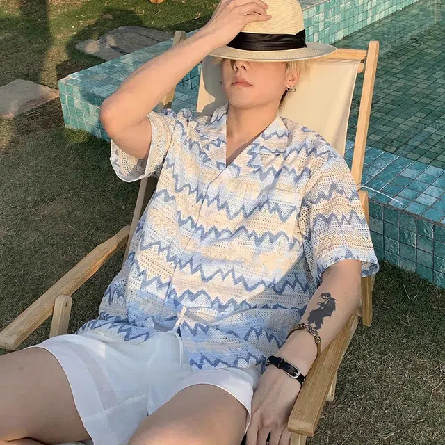 极限涡轮 美式复古夏威夷镂空撞色设计感宽松休闲百搭衬衣外套短袖衬衫 男女同款