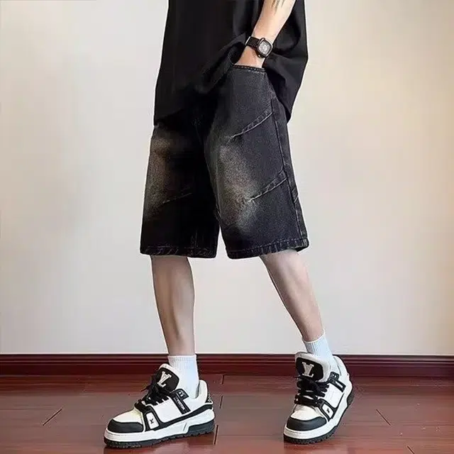 极限涡轮 美式设计感褶皱阔腿高街水洗做旧直筒中裤潮五分裤子牛仔短裤 男女同款