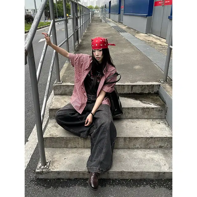 极限涡轮 美式复古红色格纹老钱风宽松百搭休闲格子短袖衬衫 男女同款