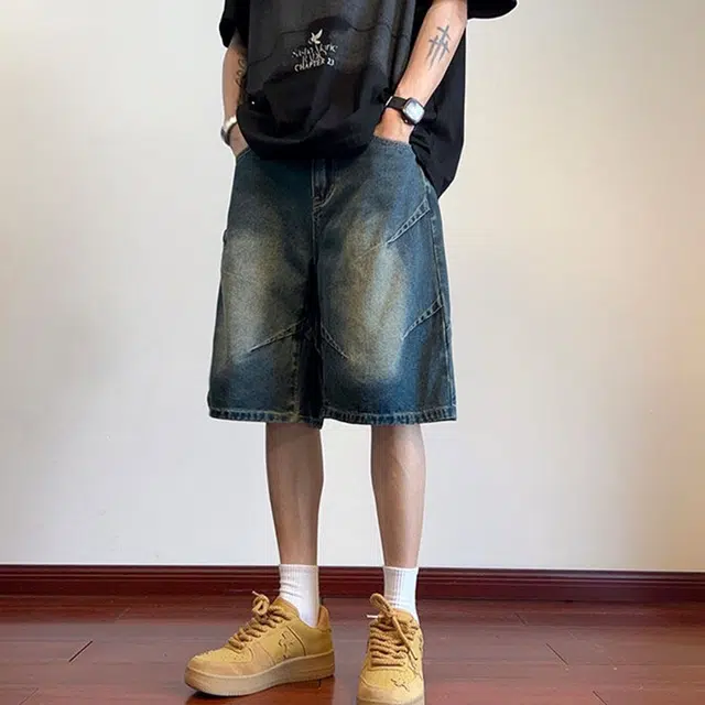 极限涡轮 美式设计感褶皱阔腿高街水洗做旧直筒中裤潮五分裤子牛仔短裤 男女同款