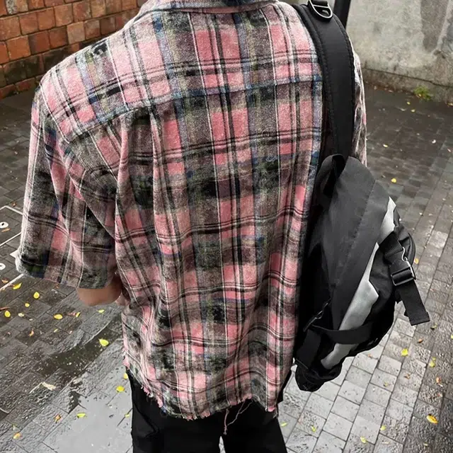 极限涡轮 做旧毛边晕染格子条纹休闲宽松短袖衬衫 男女同款