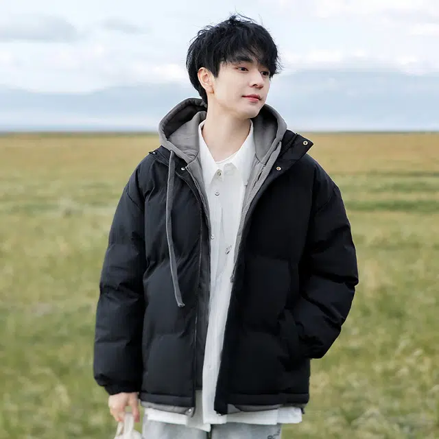 极限涡轮 百搭撞色假两件宽松连帽面包服小设计感保暖厚款柔软棉服 男女同款