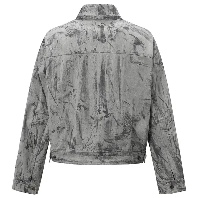 极限涡轮 美式复古街头潮流手绘涂鸦设计做旧破洞流苏立领短阔重工夹克 男女同款