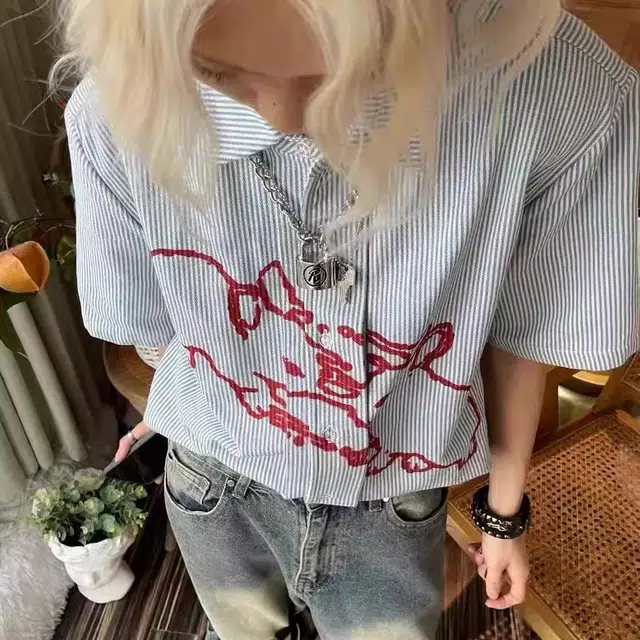 极限涡轮 美式复古兔子印花条纹小众设计感宽松休闲衬衣潮短袖衬衫 男女同款